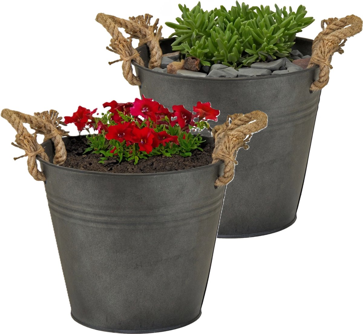 Goedkoopste Mega Collections Emmer/plantenpot/bloempot Old Rope - 2x - zink - antraciet - D25 X H22 cm