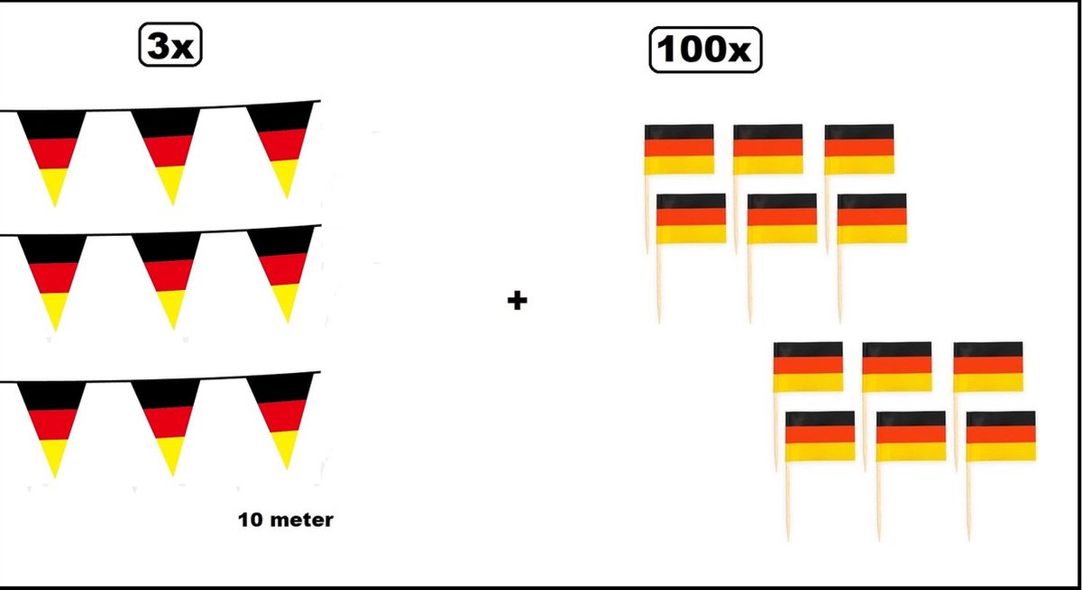 3x Vlaggenlijn Duitsland (3 kleur) 10 meter + 100x cocktailprikker Duitsland - Thema feest Duits EK voetbal Party verjaardag fun