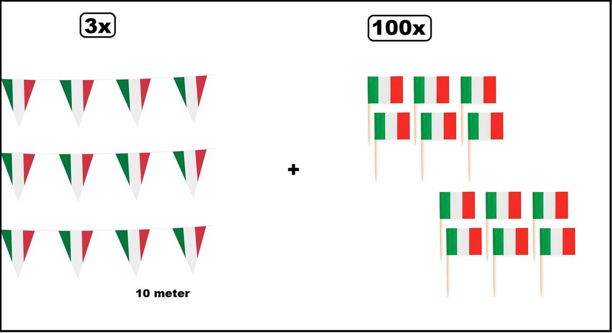 3x Vlaggenlijn Italie (3 kleur) 10 meter + 100x cocktailprikker Italie - Thema feest Italiaans EK voetbal Party verjaardag fun
