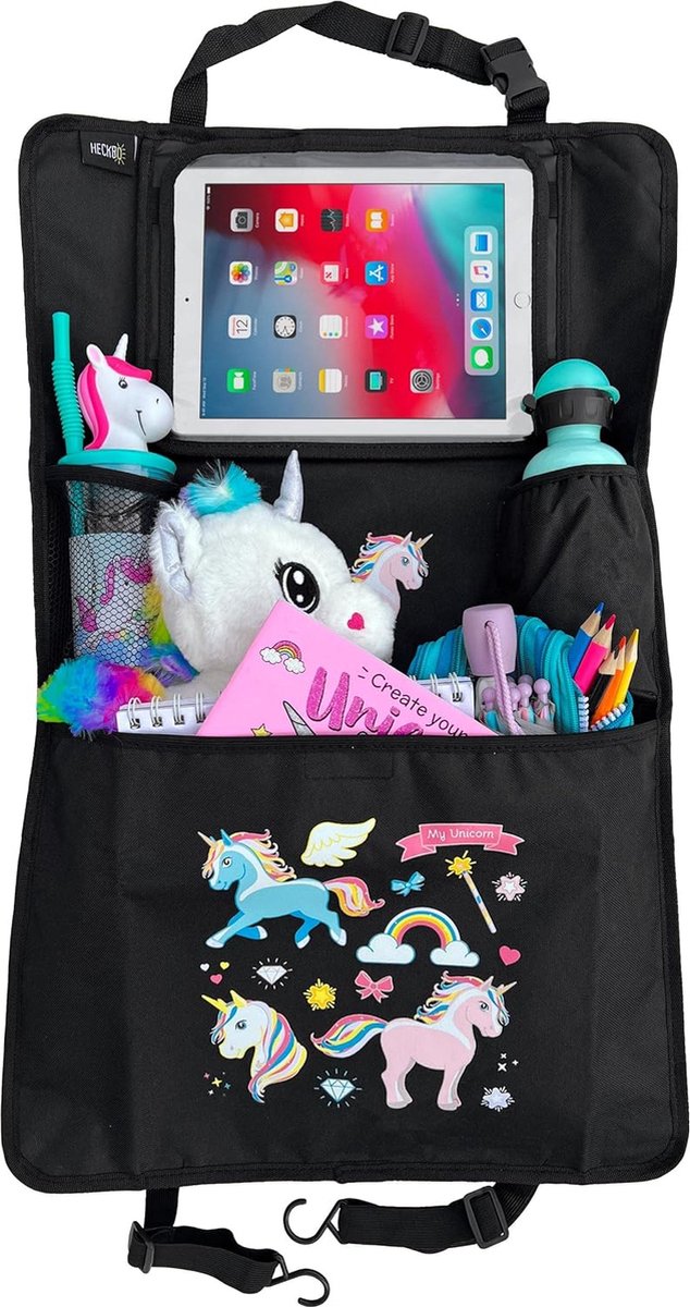 Image of 1 x kinderautostoel rugleuningbeschermer organizer met verstelbare tablettas, opslag voor accessoires, eenhoornmotief, universeel, 70 x 45 cm, incl. bekerhouder + opbergnet