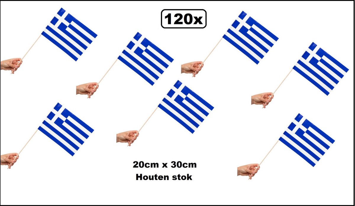 120x Zwaaivlaggetjes op houten stok Griekenland 20cm x 30cm - Luxe zwaai vlaggetjes thema feest voetbal festival uitdeel Greece