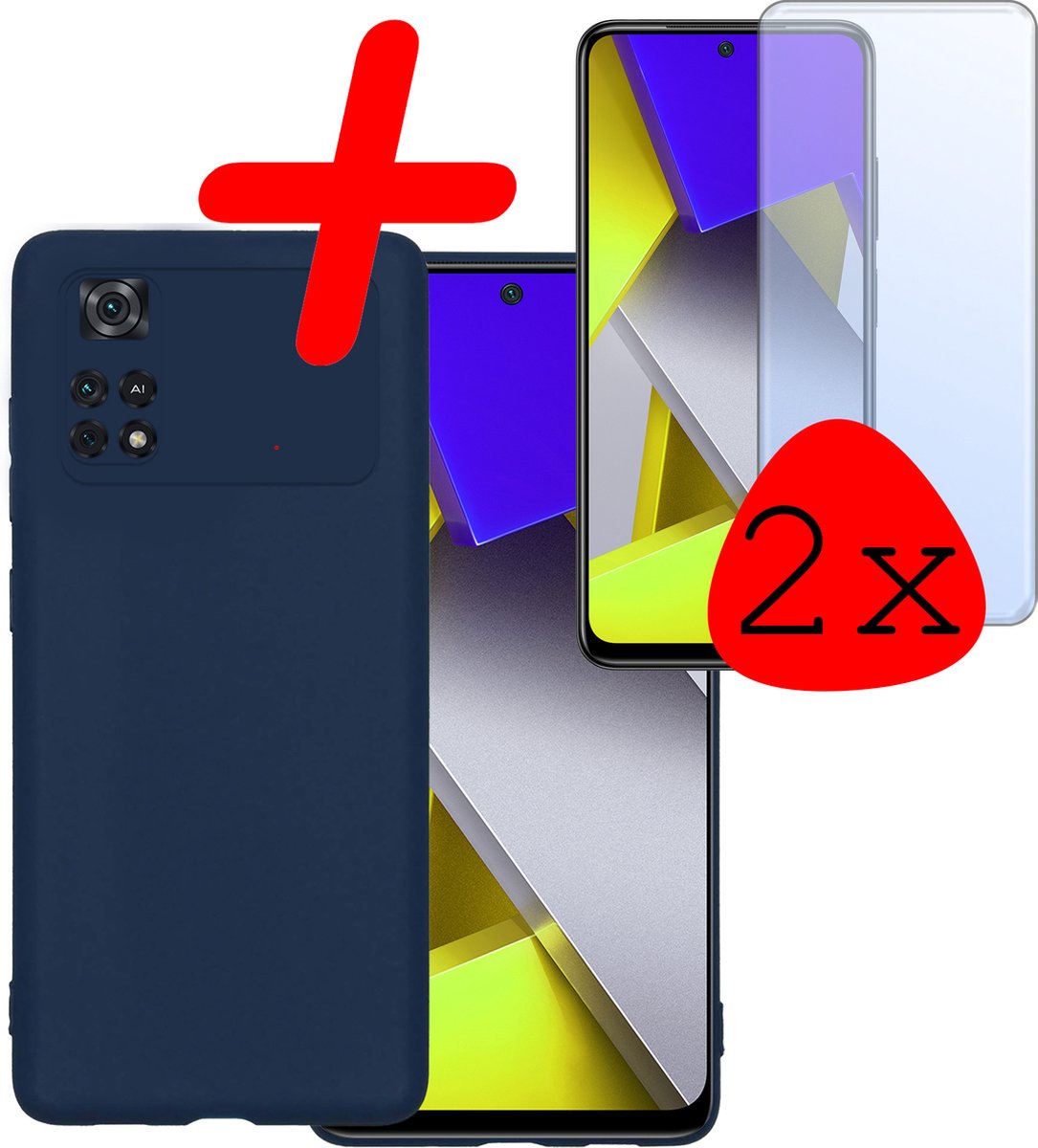 Hoesje Met 2x Screenprotector - Geschikt voor Xiaomi Poco X4 Pro 5G - Sterk & Shockproof - Back Cover - Siliconen Case - Telefoon Hoes - Donkerblauw