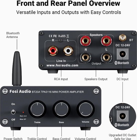 NÖRDIC Fosi Audio BT20A Audio Bluetooth 5.0 Versterker - 2x 100W - RCA - Smartphone, PC, Tablet - Hifi - Zwart