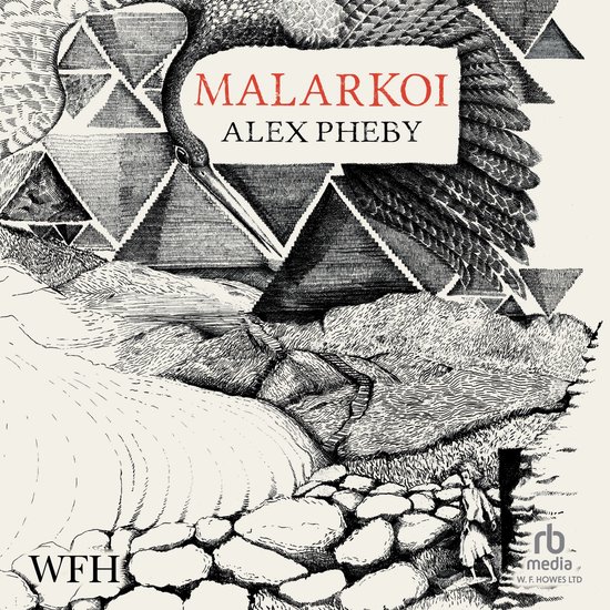 Boekomslag met de titel 'Malarkoi' en de naam 'Alex Pheby' in rode letters. De illustratie toont een vogel en een abstract landschap.