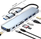 Royal Empire 8 in 1 USB Hub - USB Splitter 2.0/3.0 - USB C Type - Micro TF/SD Kaartlezer - Audio - Geschikt voor Mobiel - Laptop/PC - Micro-SD - Docking Station - adapter splitter - Grijs