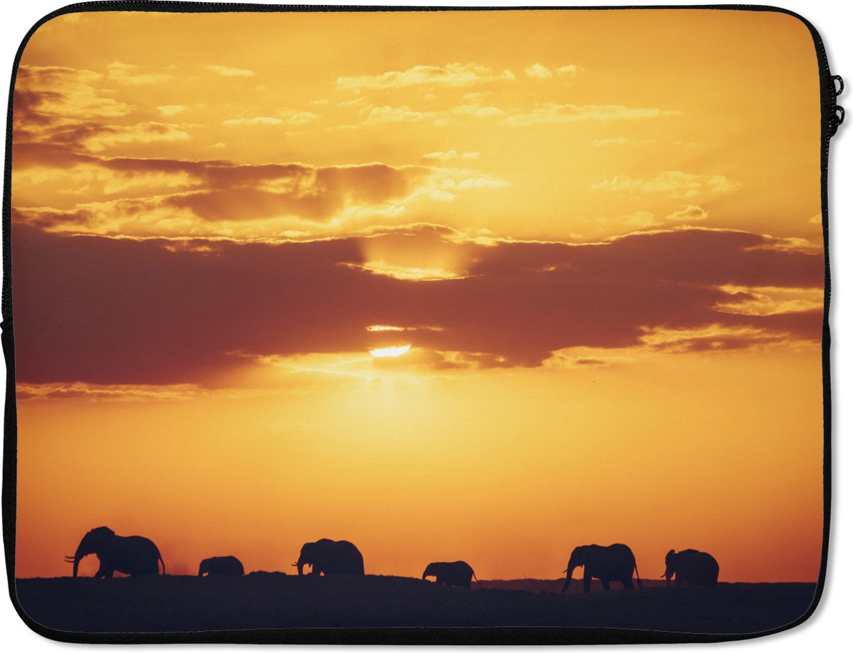 Laptophoes 17 inch - Olifanten - Horizon - Zonsondergang - Dieren - Laptop sleeve - Binnenmaat 41x28 cm - Zwarte achterkant