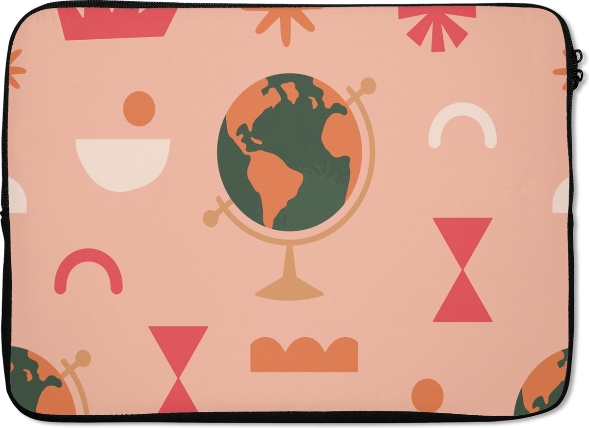 Laptophoes 14 inch - Wereldbol - Roze - Abstract - Laptop sleeve - Binnenmaat 33x23 cm - Zwarte achterkant