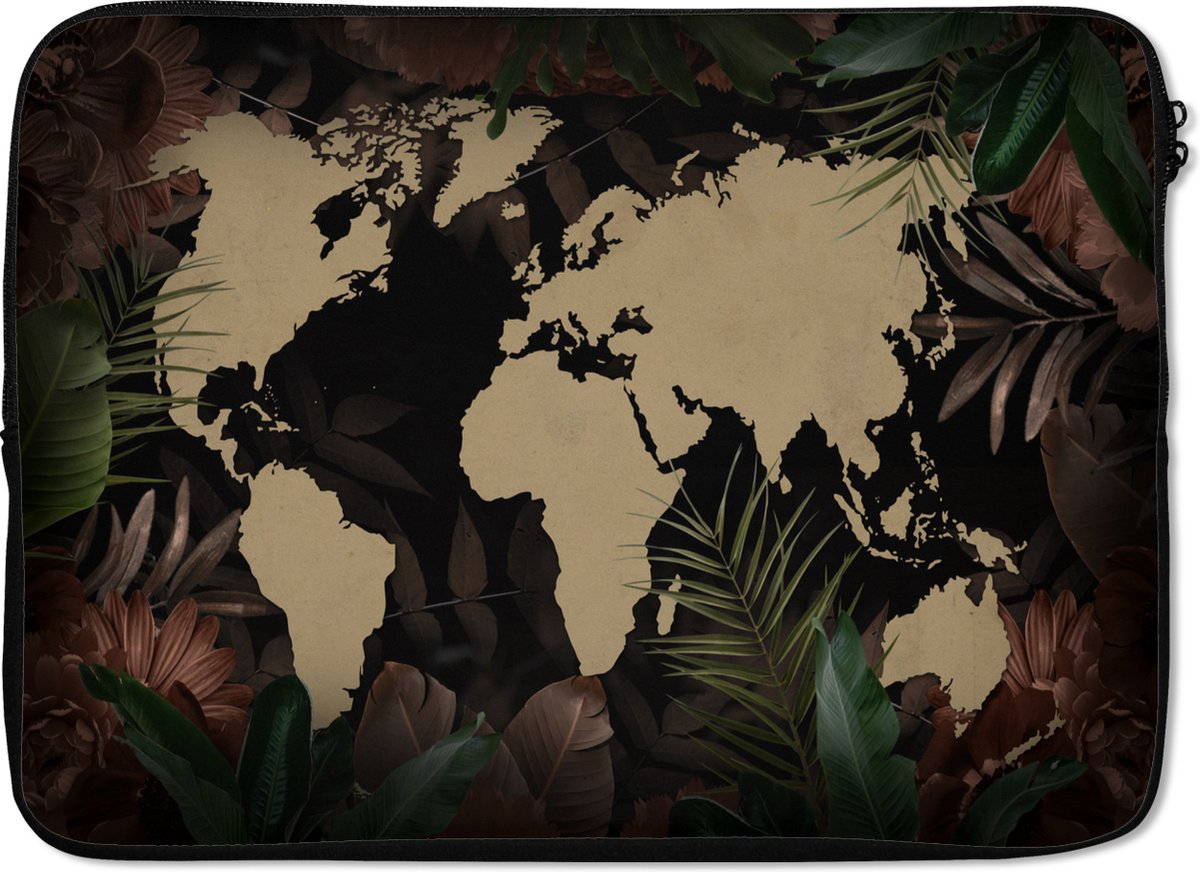Laptophoes 14 inch - Wereldkaart - Zwart - Tropische Planten - Laptop sleeve - Binnenmaat 33x23 cm - Zwarte achterkant