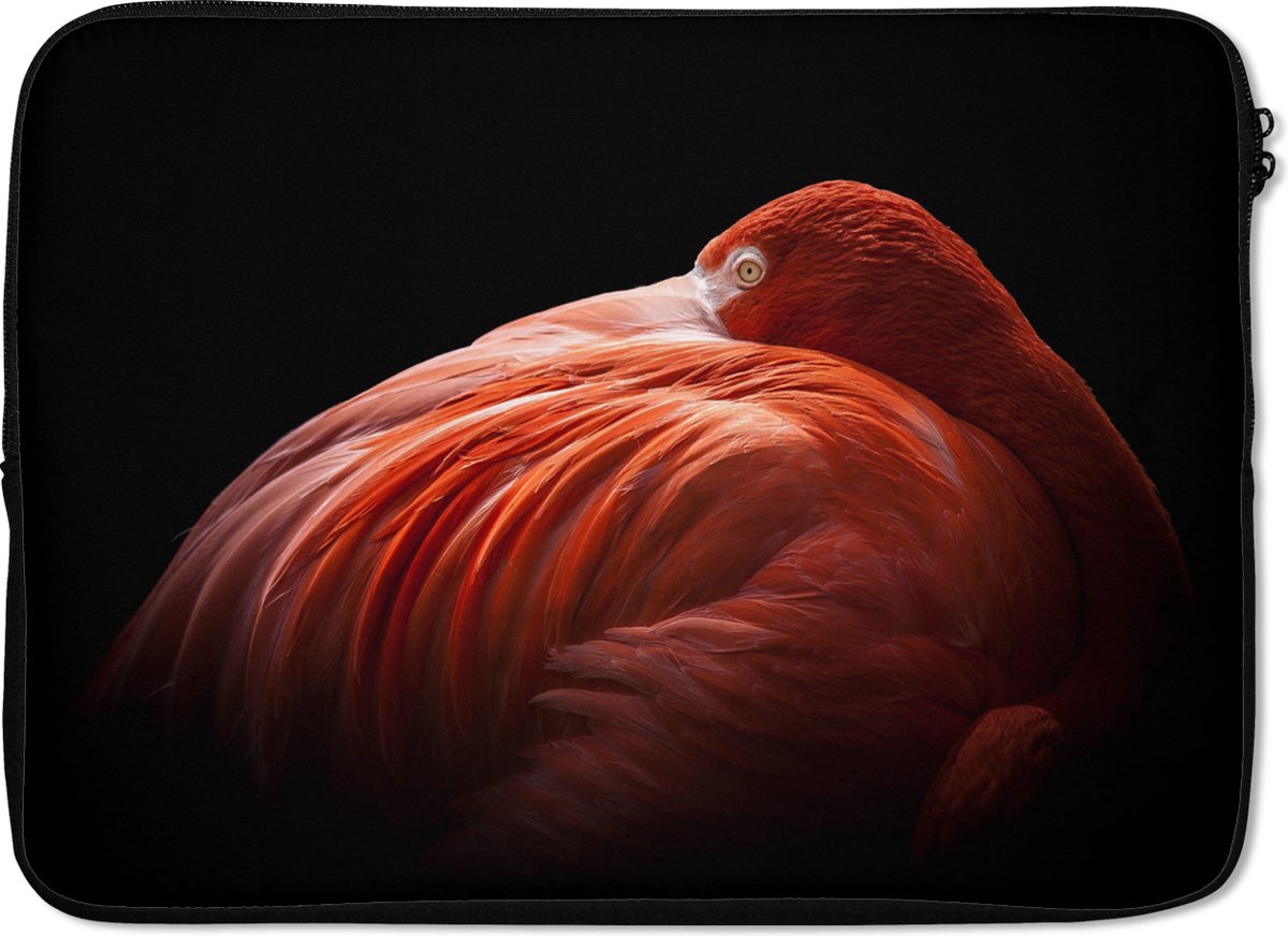 Laptophoes 13 inch - Flamingo - Veren - Roze - Laptop sleeve - Binnenmaat 32x22,5 cm - Zwarte achterkant