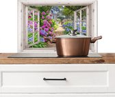 Spatscherm keuken 70x50 cm - Kookplaat achterwand Hortensia - Doorkijk - Bloemen - Zomer - Paars - Pad - Muurbeschermer - Spatwand fornuis - Hoogwaardig aluminium