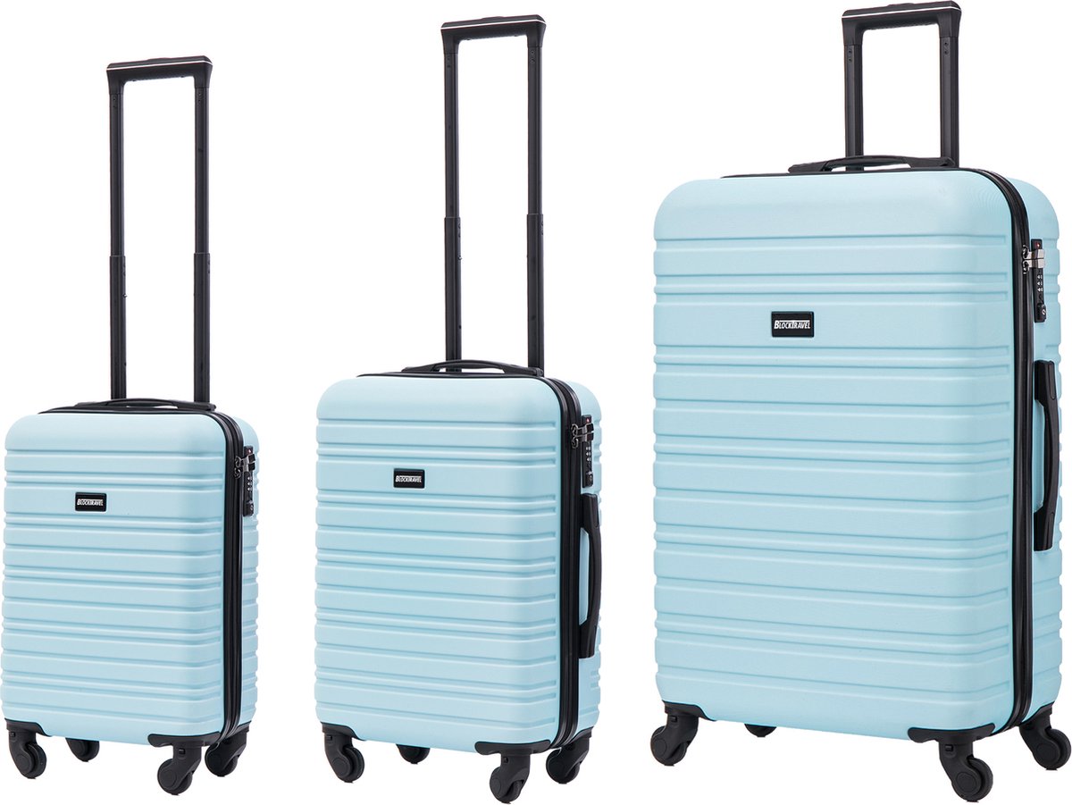 BlockTravel - kofferset - 3 delig - ABS - ruimbagage en handbagage - 29 39 en 74 liter - inbouw TSA slot - licht blauw