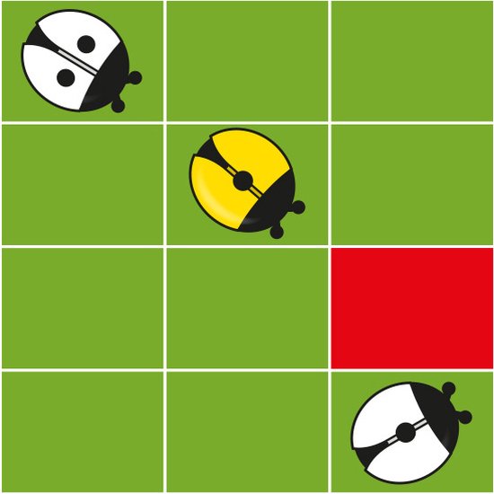 Un défi pour le jeu LogiBugs avec une coccinelle jaune, noire et deux blanches sur une grille verte.