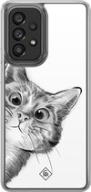 Casimoda® hoesje - Geschikt voor Samsung Galaxy A52 5G - Kat Kiekeboe - 2-in-1 case - Schokbestendig - Illustratie - Verhoogde randen - Wit, Transparant