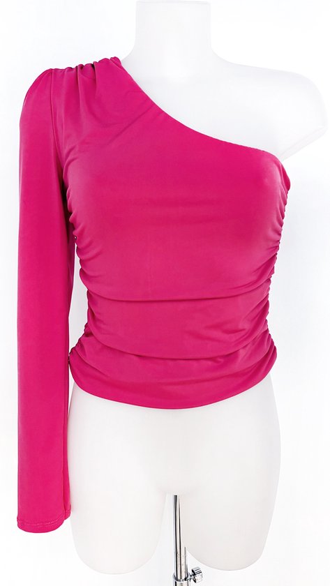 One shoulder top Fuchsia roze Veel stretch Open schouder Festival top voor. bol