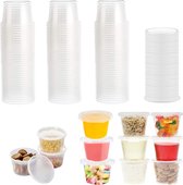 50 stuks plastic bakjes met deksels, BPA-vrije voedselcontainers van 100 ml met deksels, potjes voor saus, lekvrij, kleine plastic potjes voor afhaalmaaltijden, potjes voor dips, gelei
