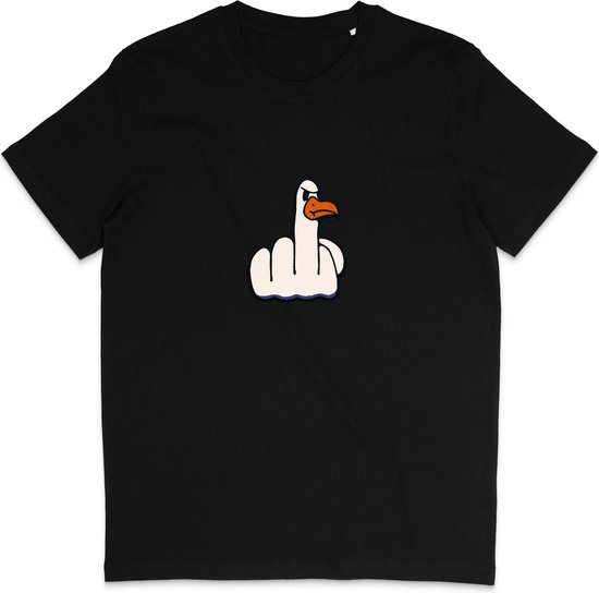 Grappig Heren en Dames T Shirt - Middelvinger Vogel - Zwart - L
