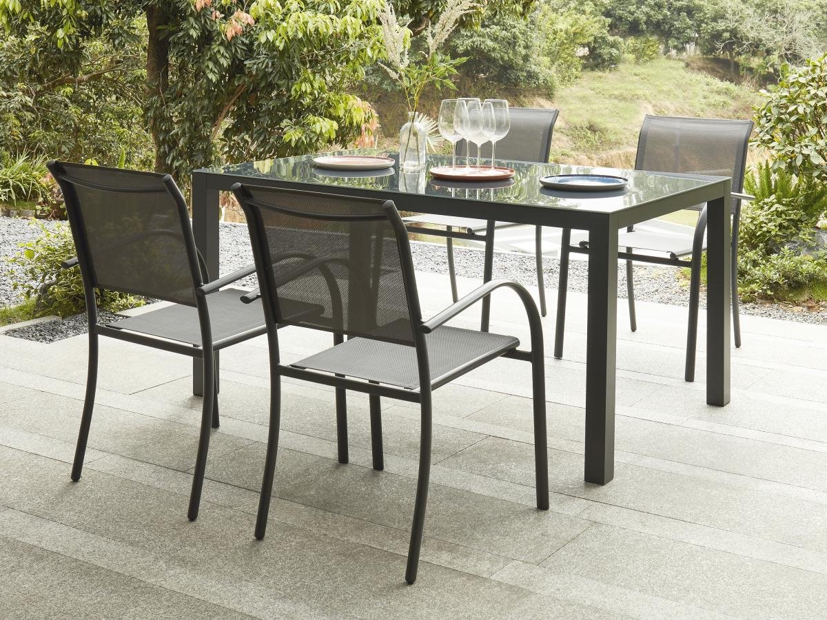 MYLIA Tuineethoek van aluminium: een tafel L150 en 4 fauteuils - Antracietgrijs - JOLANE L 150 cm x H 86 cm x D 90 cm