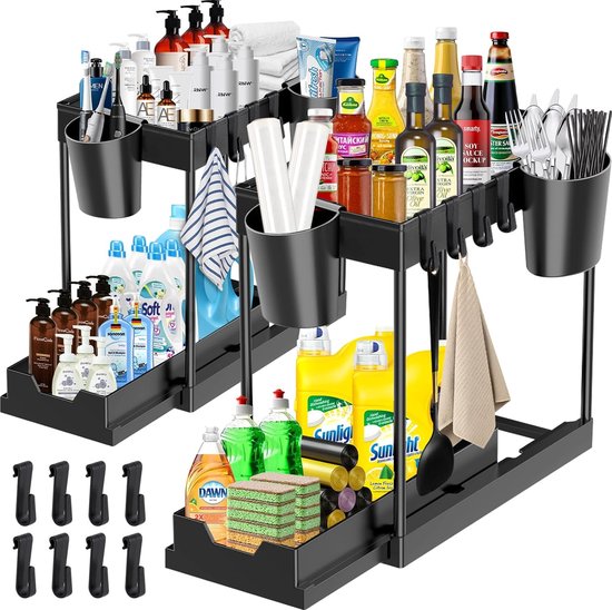 2 Stuks Rek Voor Onder De Wastafel Met 2 Etages Spoelkastorganizer 8 Haken En 4 Hangbekers Organizer Voor Badkamer Keuken En Tafelblad
