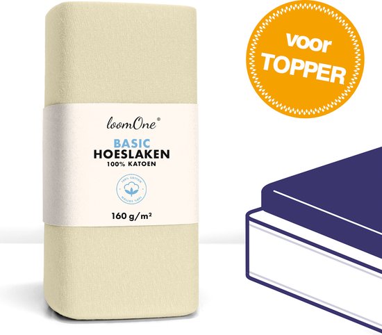 Loom One Hoeslaken Topper – 100% Jersey Katoen – 120x200 cm – tot 12cm matrasdikte– 160 g/m² – Natural / Crème