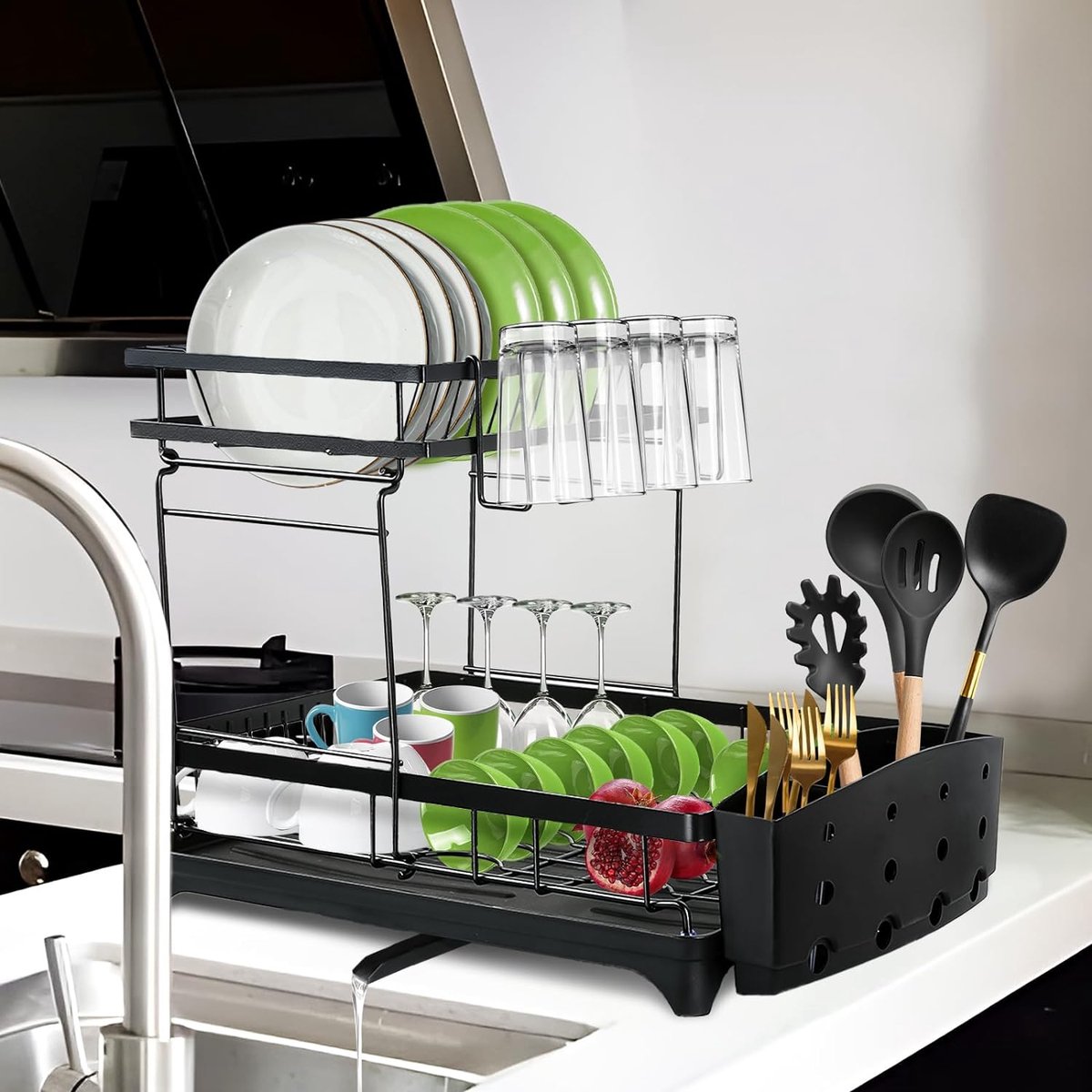 Goedkoopste Groot afdruiprek met lekbak, 2 verdiepingen, afdruiprek met lekbak, anti-roest-serviesmand, snijplankhouder, bekerhouder voor keukenaanrecht