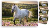Placemats - 6 stuks 42 x 30 cm bedrukt met Wit paard in een bloemenwei en 10 bijpassende onderzetters 10 x 10 cm