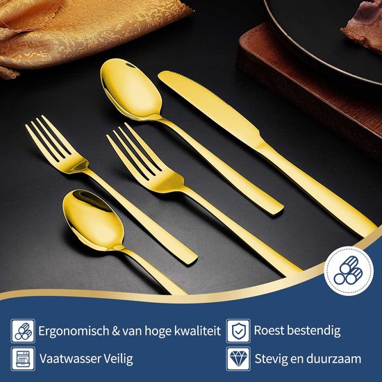 LaCardia Ménagère de Couverts 8 Personnes 48 Pièces - Cuillères - Couteaux - Fourchettes - Couteaux à steak - Passe au Lave-Vaisselle - Couverts - Or/ Acier Inoxydable