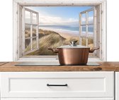 Spatscherm keuken 80x55 cm - Kookplaat achterwand Doorkijk - Strand - Zee - Duinen - Helmgras - Zand - Blauw - Muurbeschermer - Spatwand fornuis - Hoogwaardig aluminium