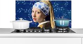 Spatscherm keuken 90x45 cm - Kookplaat achterwand Meisje met de parel - Delfts blauw - Vermeer - Bloemen - Schilderij - Oude meesters - Muurbeschermer - Spatwand fornuis - Hoogwaardig aluminium