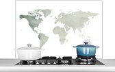 Spatscherm keuken 100x65 cm - Kookplaat achterwand Wereldkaart - Grijs - Wit - Muurbeschermer - Spatwand fornuis - Hoogwaardig aluminium