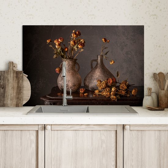 Spatscherm keuken 60x40 cm - Kookplaat achterwand Stilleven - Bloemen - Vaas - Donker - Muurbeschermer - Spatwand fornuis - Hoogwaardig aluminium