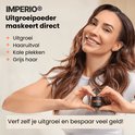 Lachende vrouw met donker haar houdt IMPERIO uitgroeipoeder vast. De tekst noemt voordelen zoals het maskeren van uitgroei, haaruitval en grijs haar.