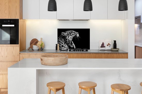 Spatscherm keuken 100x65 cm - Kookplaat achterwand Jaguar - Dier - Zwart - Wit - Muurbeschermer - Spatwand fornuis - Hoogwaardig aluminium