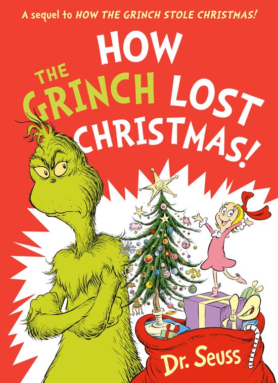 Boekomslag 'How the Grinch Lost Christmas!' met de Grinch, een kerstboom en een cadeautje.