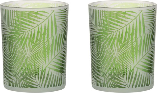 Dulaire Waxinelichthouder Groen Glas Tropische Bladeren 12.5 cm – set van 2
