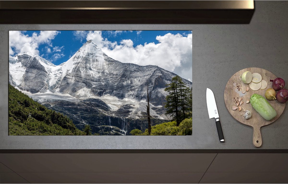 Inductieplaat Beschermer - Begroeiing aan de Rand van Stijle Sneeuwbergen - 95x55 cm - 2 mm Dik - Inductie Beschermer - Bescherming Inductiekookplaat - Kookplaat Beschermer van Wit Vinyl