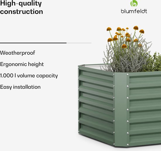 blumfeldt High Grow halve cirkel verhoogde plantenbak voor de tuin, 200 l, ergonomische kweekbak van vorst- en roestbestendig Galvalume staal, 43 cm hoog voor comfortabel tuinieren, metalen ontwerp