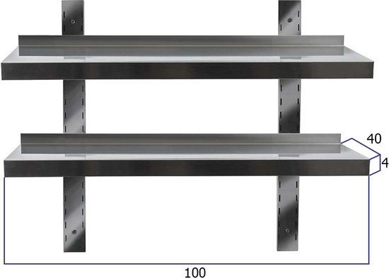 HCB® - Professionele Wandschap van metaal - Dubbel wandschap - RVS / INOX - Muurplank - wandplank - Horeca - 100x40x4 cm (BxDxH) - 15 kg