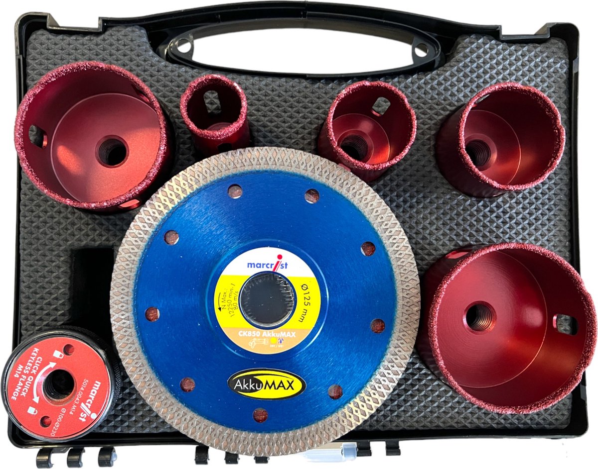 Marcrist tegels complete set 125 mm + 1x tegelsnijder + 5x tegelboor + 10x roestvrijstalen doorslijpschijf + 1x snelwisselflens ( 3999.101.354 ) + koffer