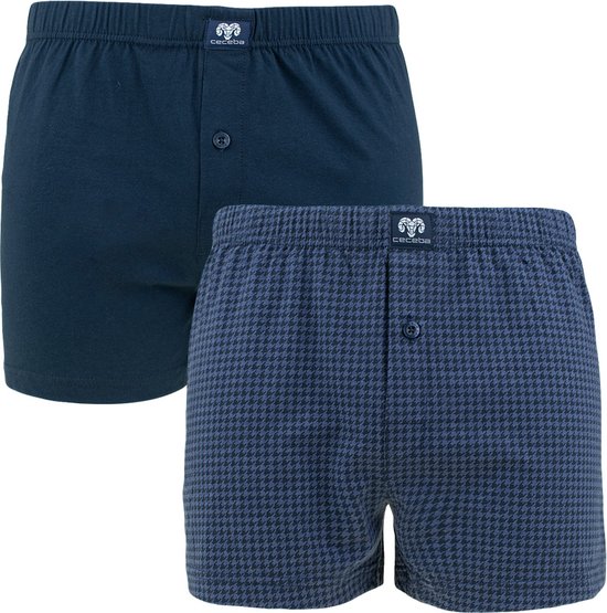 Pak van twee Ceceba boxers: één met pied-de-poule patroon, één effen donkerblauw.