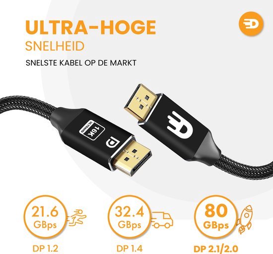 Zwarte gevlochten kabel met 16K Ultra HD-aanduiding en snelle gegevensoverdrachtssnelheden (21.6, 32.4, 80 Gbps).