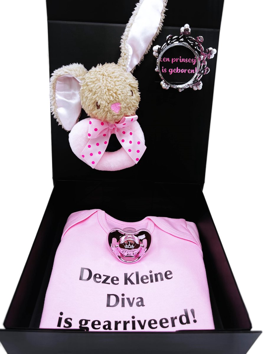 Goedkoopste Kraamcadeau meisje met roze romper, pluche rammelaar en speen - kan ook rechtstreeks als cadeau worden verstuurd - kraamkado