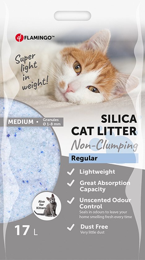 Flamingo Kattenbakvulling OOK VOOR KITTENS Silica non clumbing lichtgewicht -grote absorptie - uncented odour control 1-8 mm 7 kg - 90 dagen