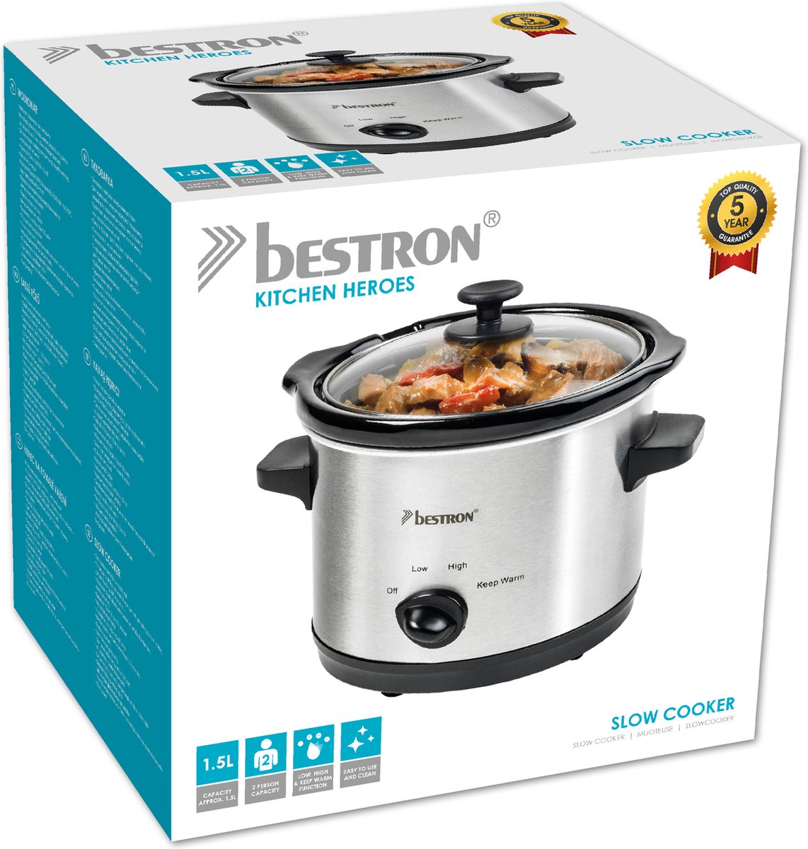 Bestron Slowcooker 120W - ASC150 - 1.5L - Keramische binnenpan - Zilver - 5 jaar garantie – foto 5
