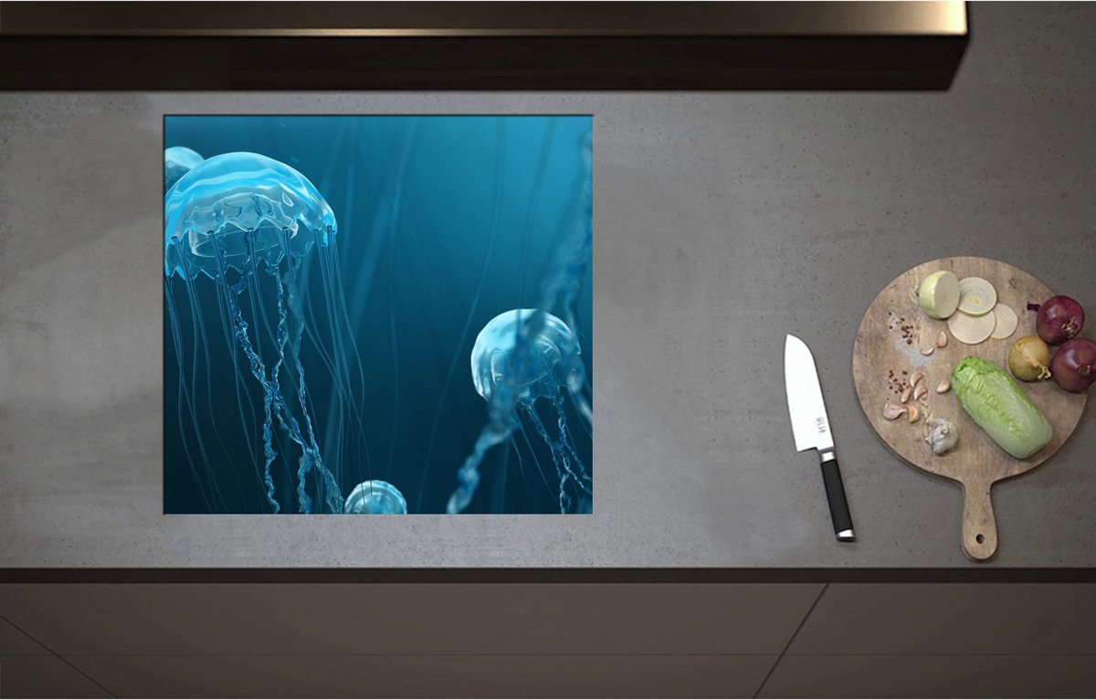 Inductieplaat Beschermer - Blauwe kwallen zwemmen door de zee heen - 59x55 cm - 2 mm Dik - Inductie Beschermer - Bescherming Inductiekookplaat - Kookplaat Beschermer van Zwart Vinyl