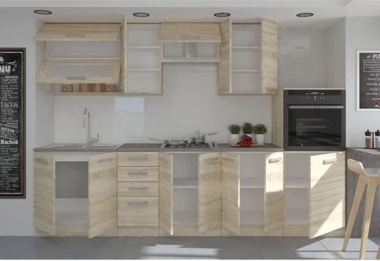 Lassen Cuisine Complete L 300 cm avec four demi-colonne et hotte - Décor Chene Sonoma