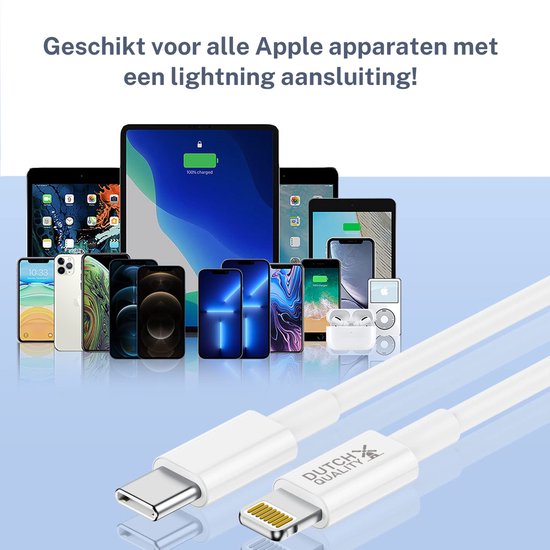 Dutch Quality® - 2x oplader kabel geschikt voor Apple iPhone 6/7/8/9/10/11/12/13/14 - USB-C 2 Meter - Geschikt voor lightning naar USB C kabel - Wit – Premium Oplaadset (2-pack) - Dutch Quality