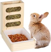 Relaxdays konijnen hooiruif - met uitneembare voerbak - houten voerruif cavia - staand