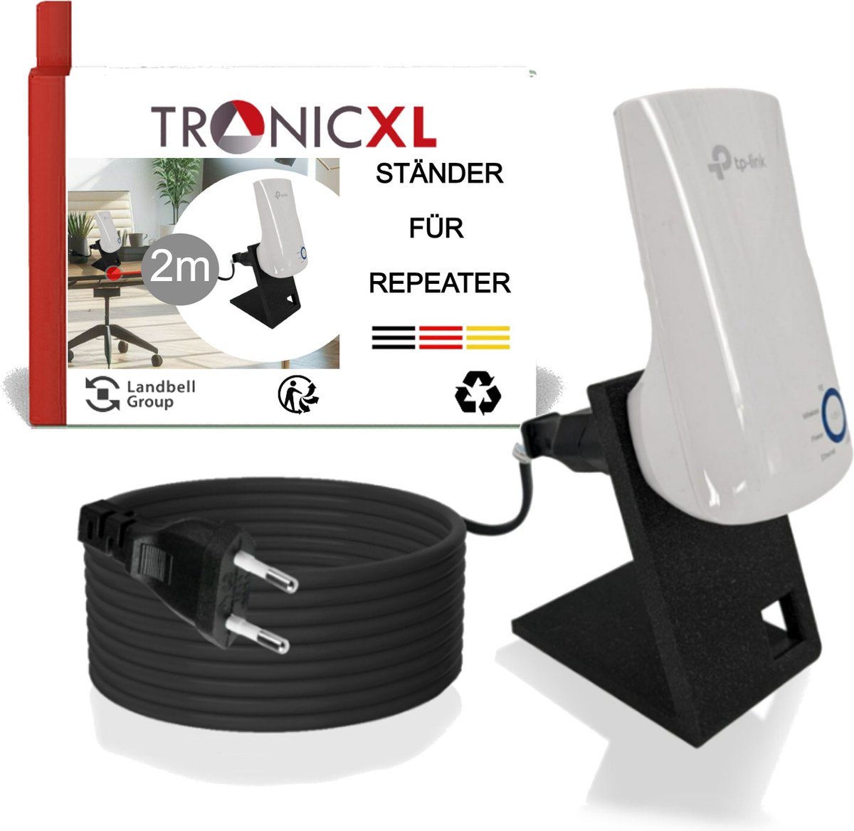 TronicXL 2 m Kabel verlenging + standaard voor uw Wifi repeater geschikt voor TP-Link RE190 AC750 RE330 TL-WA850RE houder – bevestiging - standaard 200 cm kabel + houder – universeel