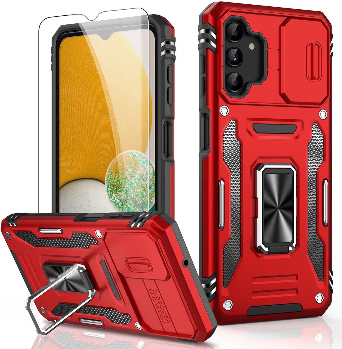 Nuvex Hoesje Geschikt voor Samsung Galaxy A13 5G Rood Telefoonhoesje - Anti-Shock Case Cover Hybrid Armor Hoes met Kickstand Ring met Screenprotector