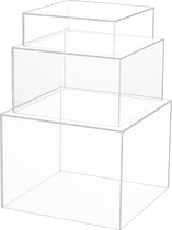 Acryl Kubus Display Risers [3 Pak] - Doorzichtige in Elkaar Stapelbare Dozen met Holle Bodems - Vierkant Transparant Acryl Opslag Dozen voor Retail & Huis Display - Klein, Middel, Groot